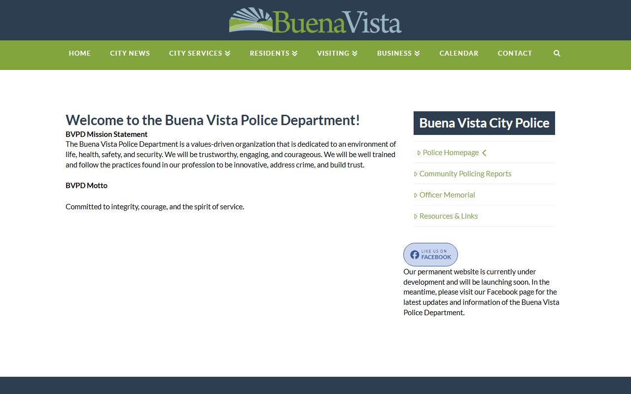 Buena Vista Police Department page for Buena Vista Booking Reports