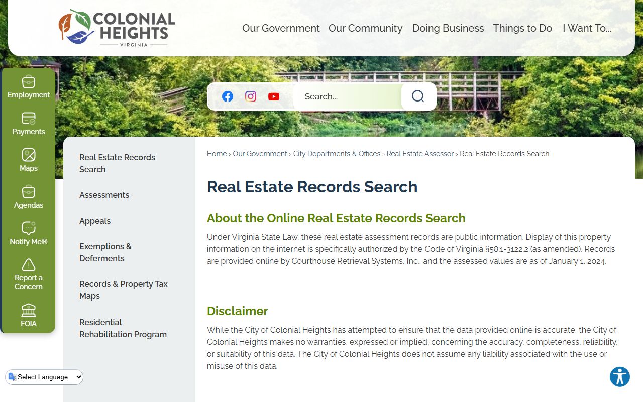 Colonial Heights Police Department page for Colonial Heights Booking Reports