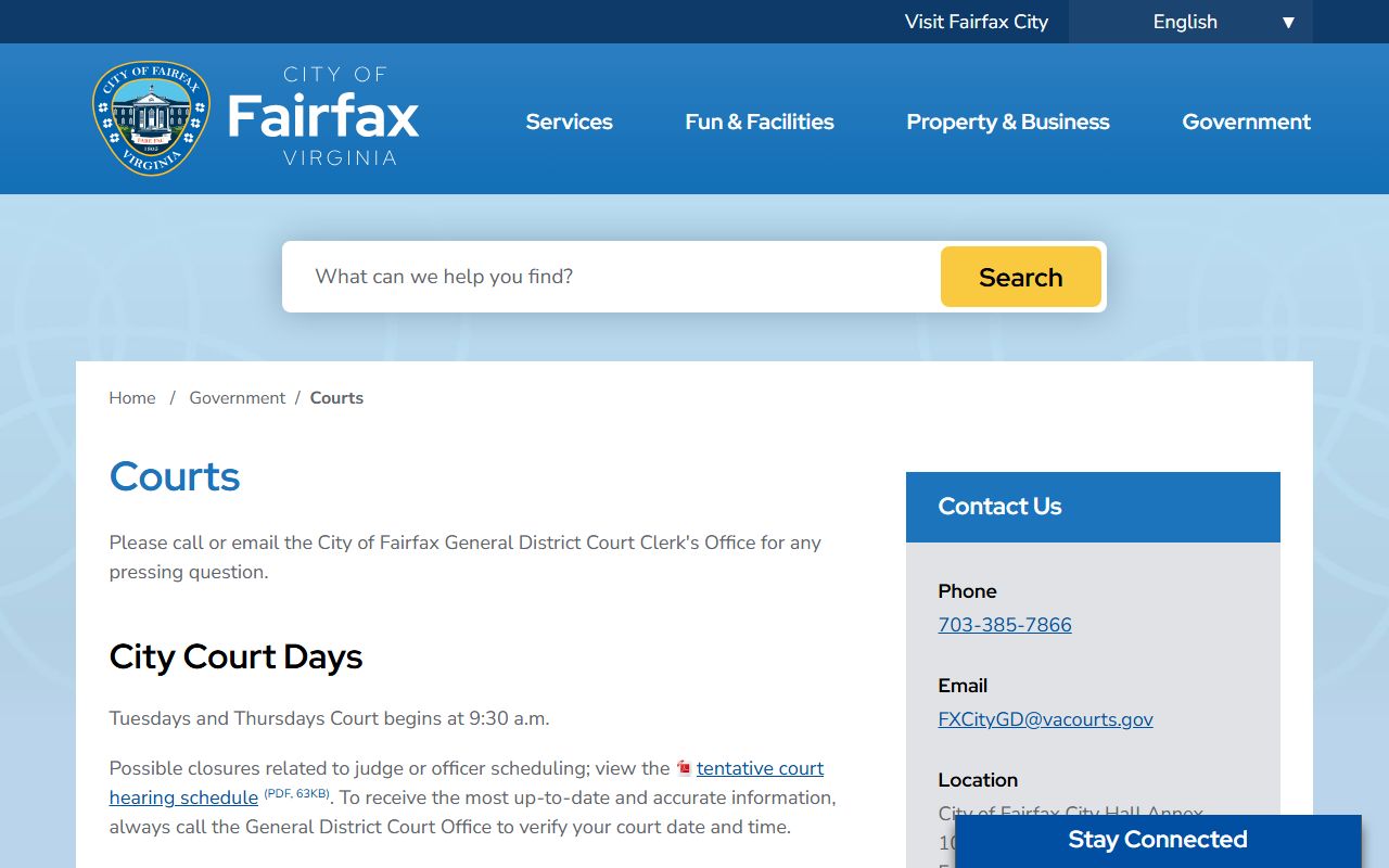 Fairfax City Circuit Court page for Fairfax City Booking Reports