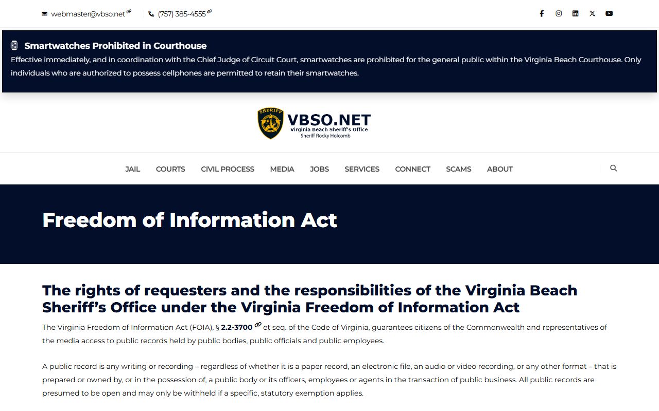 Virginia Beach Sheriff FOIA policy page for Virginia Beach Booking Reports