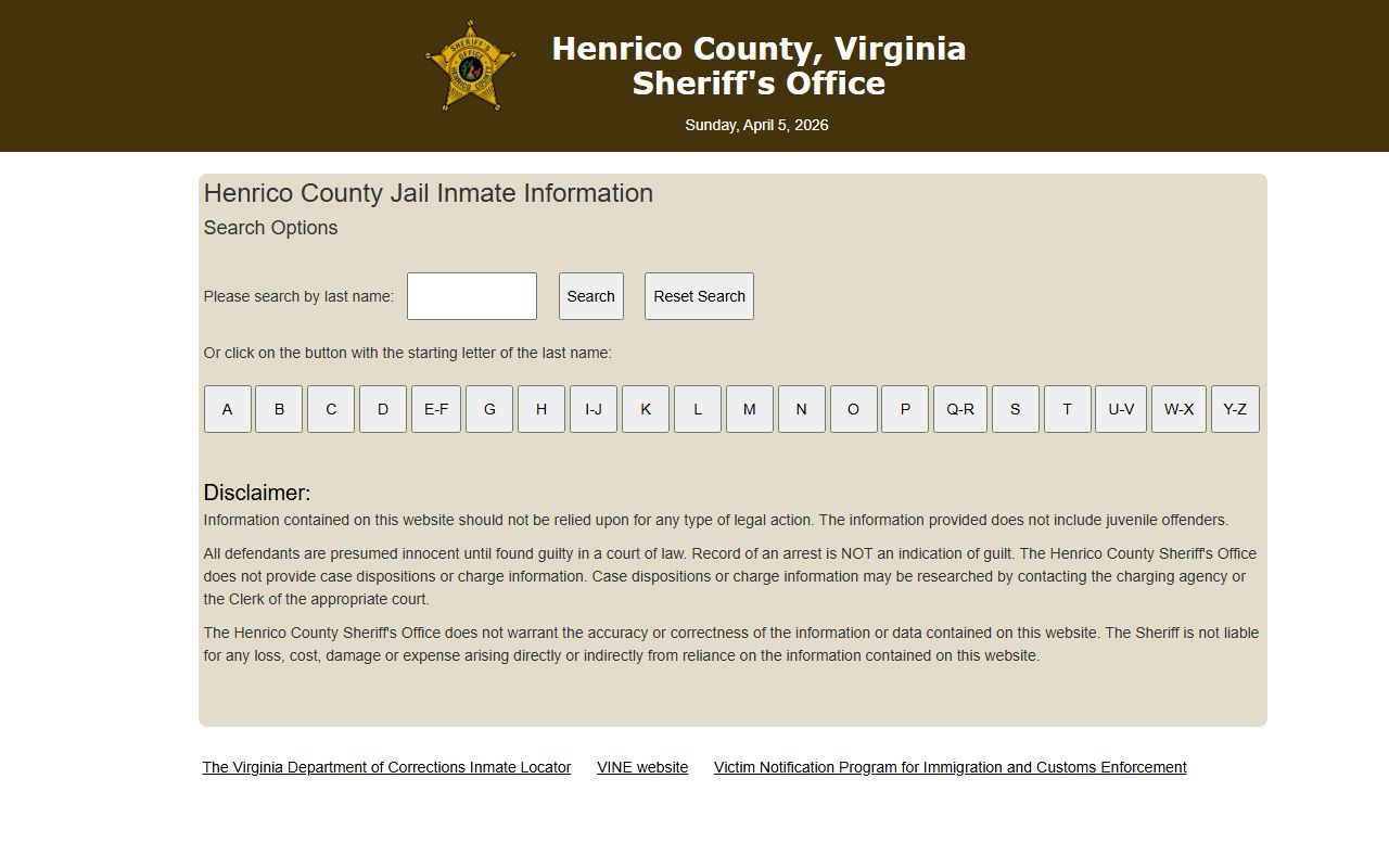 Henrico County Booking Reports source page for Henrico County Inmate Search