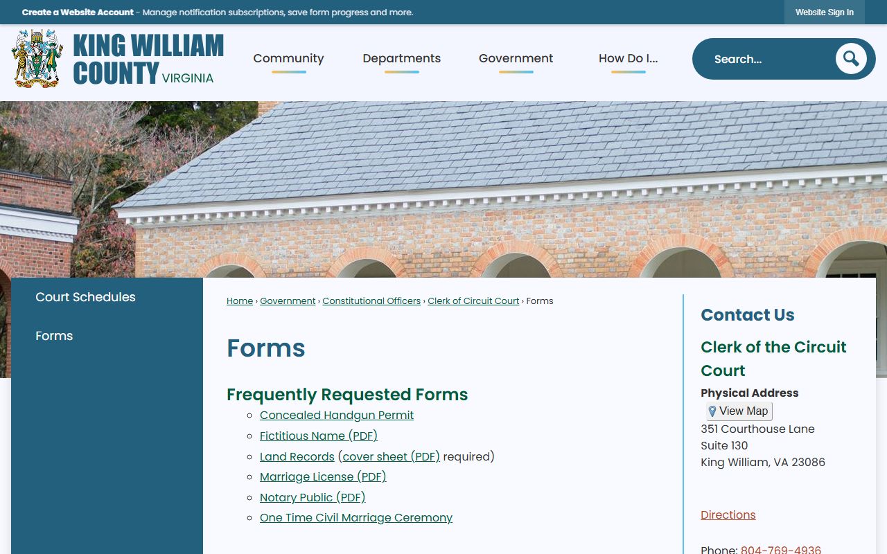 King William County Circuit Court page for court records and booking reports